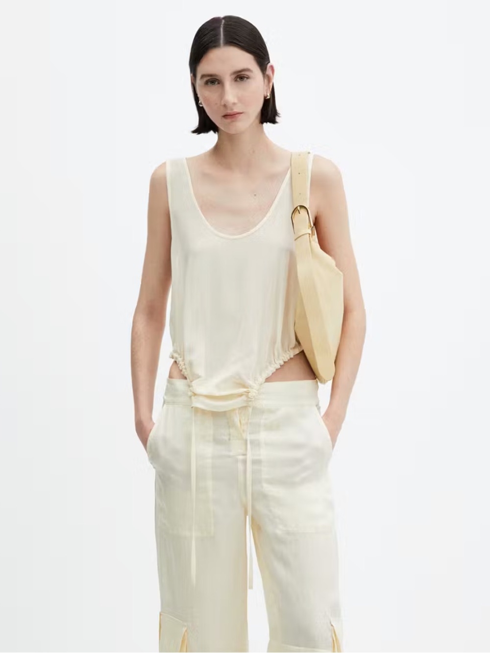 MANGO Cream Sheer Tank Top with Ruched Details